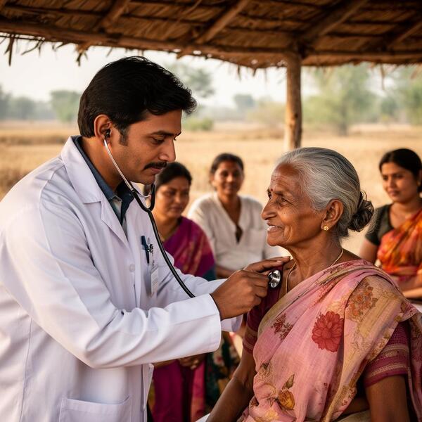 Doctor at rural medical camp treating patients